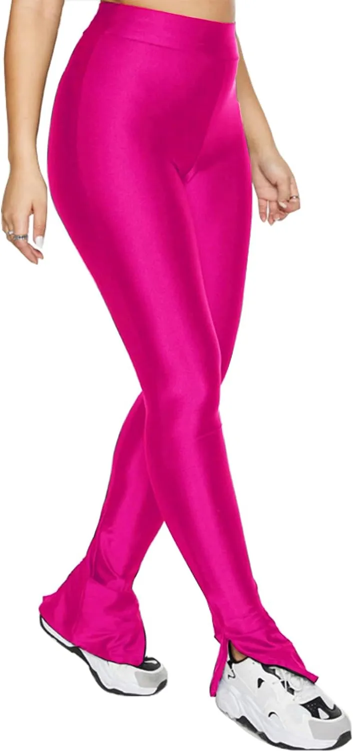 Sghenr Women's Stretchy Side Split Hem Flare Pants Skinny Shiny Mid-Waist Club Party Daily Casual Tights Leggings