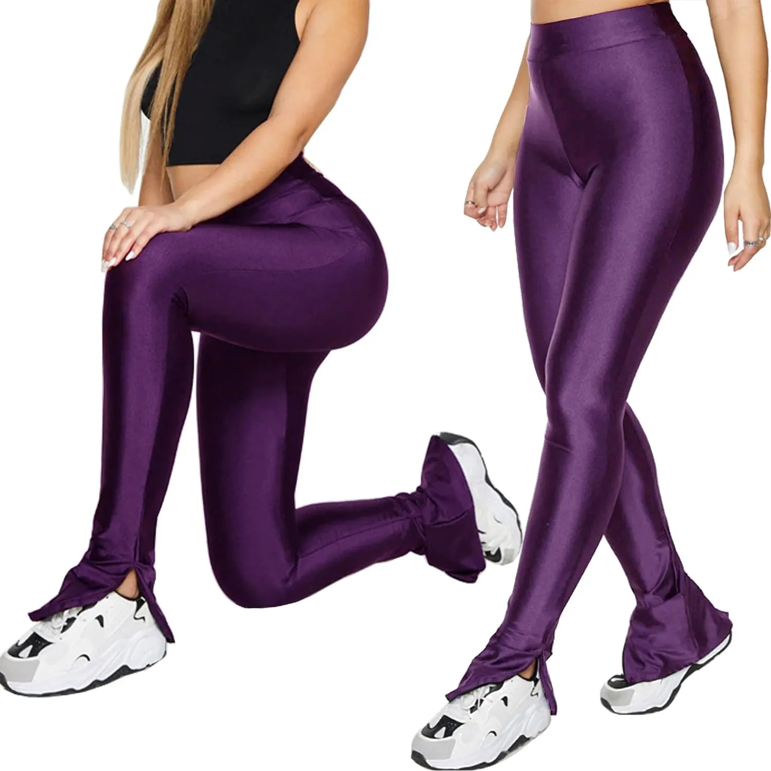 Sghenr Women's Stretchy Side Split Hem Flare Pants Skinny Shiny Mid-Waist Club Party Daily Casual Tights Leggings