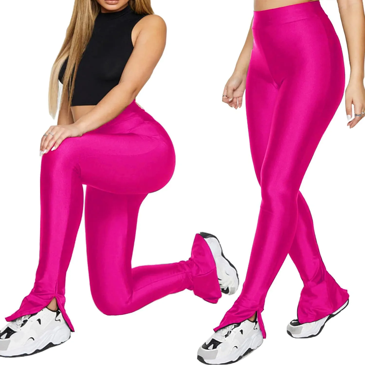 Sghenr Women's Stretchy Side Split Hem Flare Pants Skinny Shiny Mid-Waist Club Party Daily Casual Tights Leggings