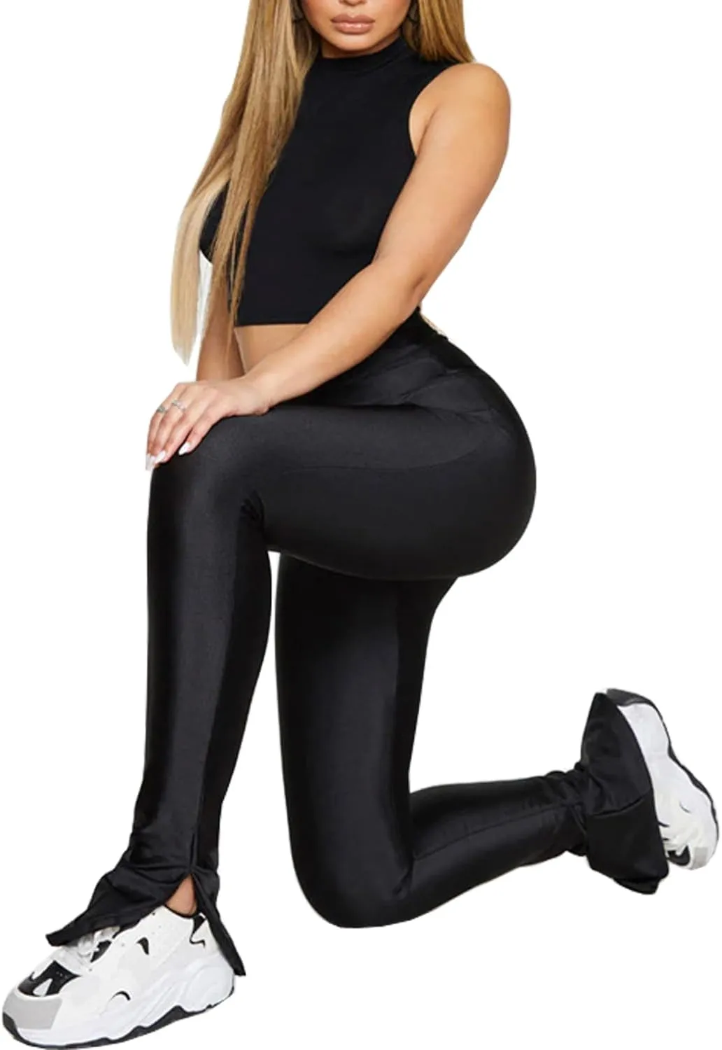 Sghenr Women's Stretchy Side Split Hem Flare Pants Skinny Shiny Mid-Waist Club Party Daily Casual Tights Leggings