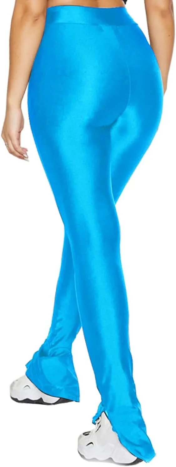 Sghenr Women's Stretchy Side Split Hem Flare Pants Skinny Shiny Mid-Waist Club Party Daily Casual Tights Leggings