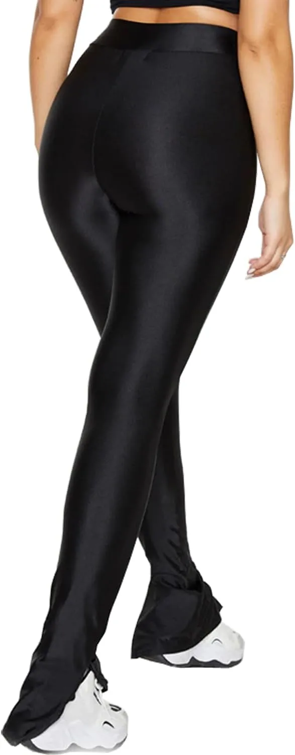 Sghenr Women's Stretchy Side Split Hem Flare Pants Skinny Shiny Mid-Waist Club Party Daily Casual Tights Leggings