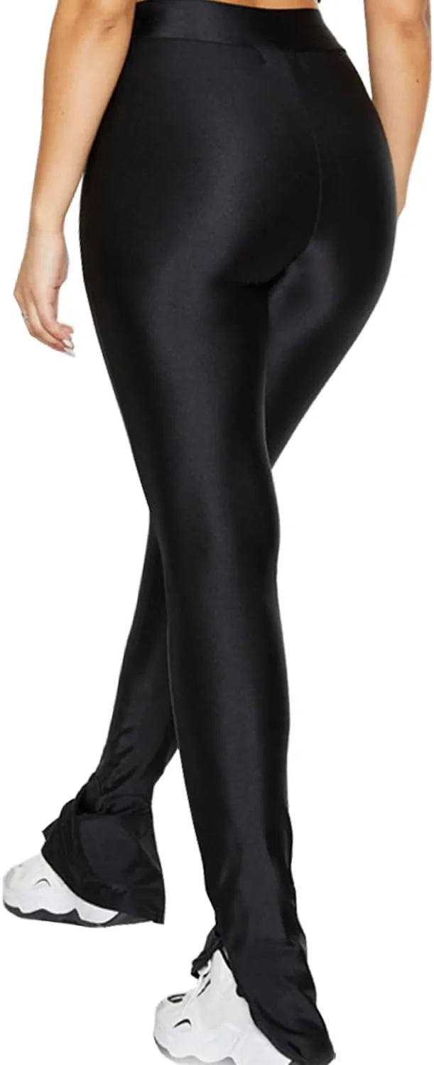 Sghenr Women's Stretchy Side Split Hem Flare Pants Skinny Shiny Mid-Waist Club Party Daily Casual Tights Leggings