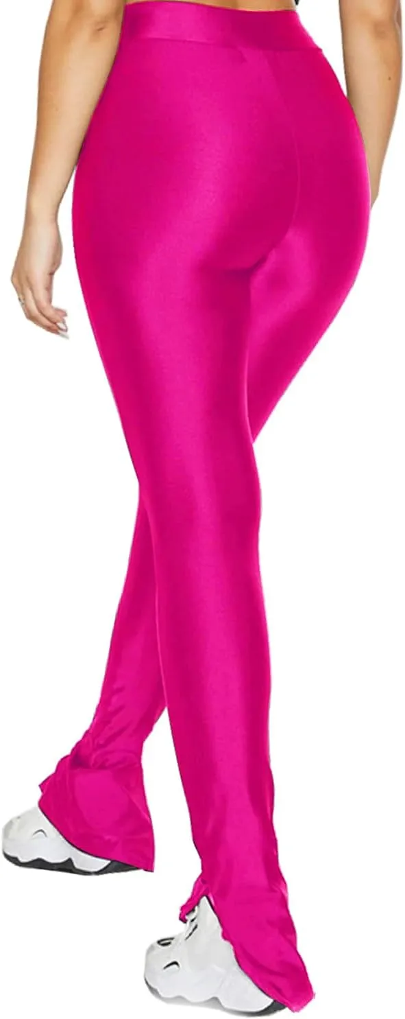 Sghenr Women's Stretchy Side Split Hem Flare Pants Skinny Shiny Mid-Waist Club Party Daily Casual Tights Leggings