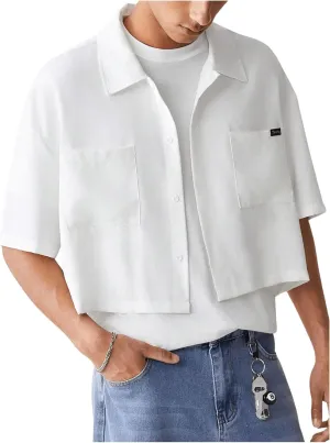 SHENHE Men's Summer Short Sleeve Button Down Crop Shirt Loose Fit Casual Shirt with Pockets