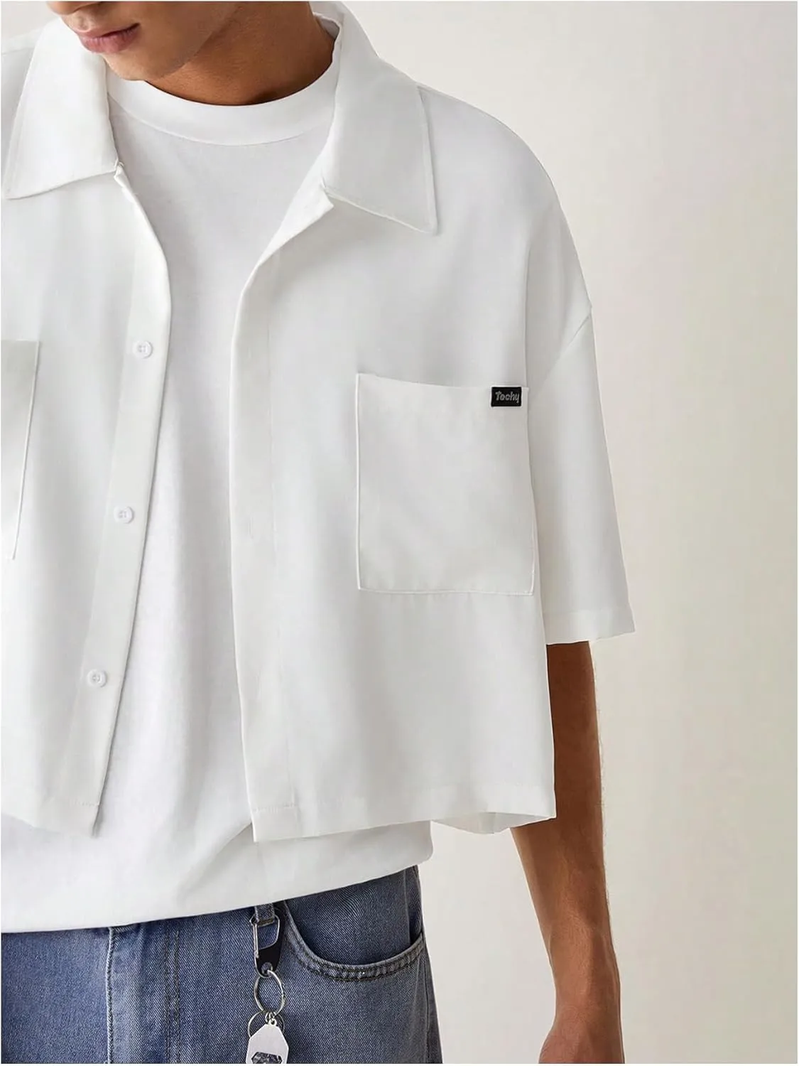 SHENHE Men's Summer Short Sleeve Button Down Crop Shirt Loose Fit Casual Shirt with Pockets