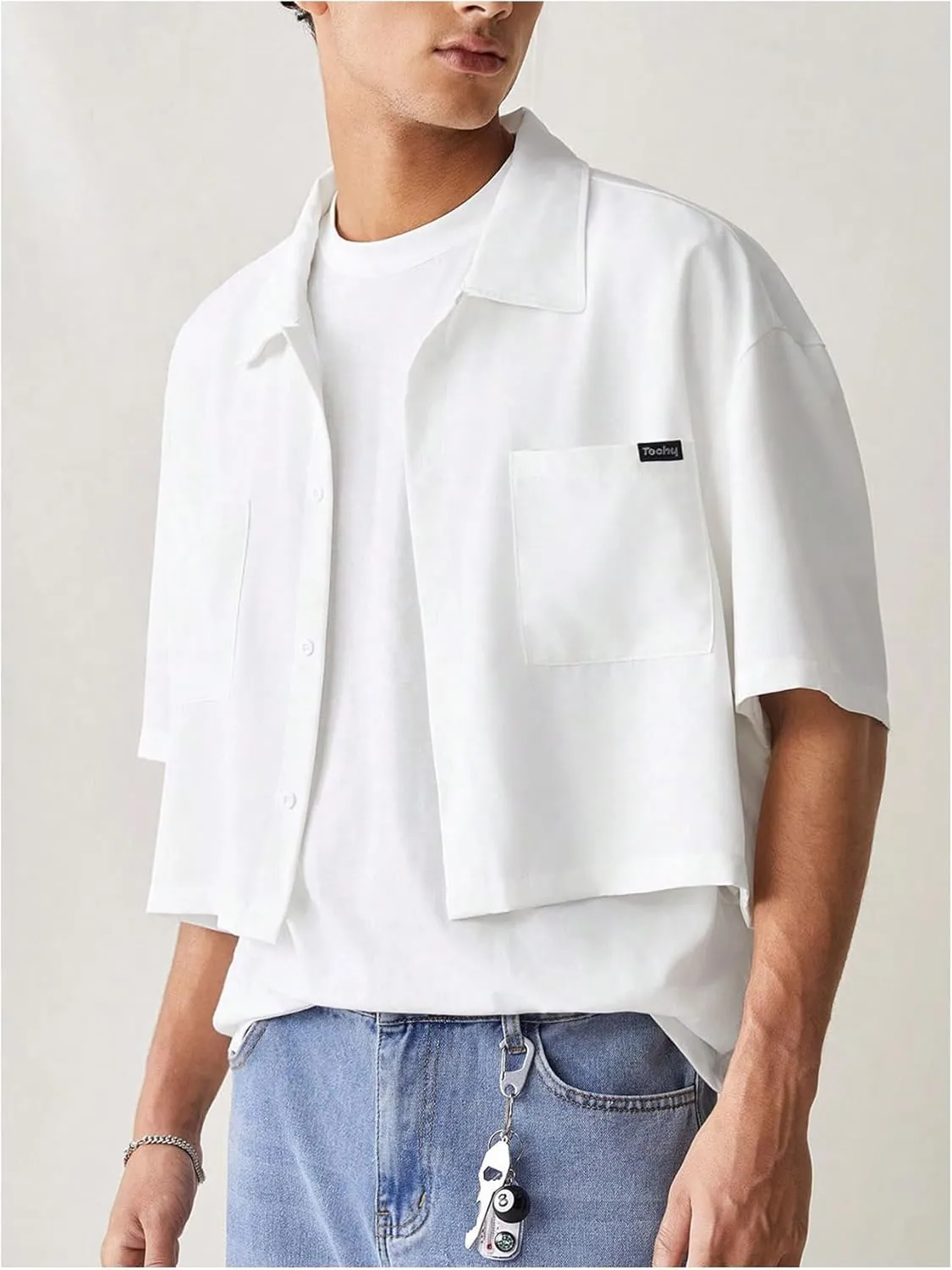 SHENHE Men's Summer Short Sleeve Button Down Crop Shirt Loose Fit Casual Shirt with Pockets