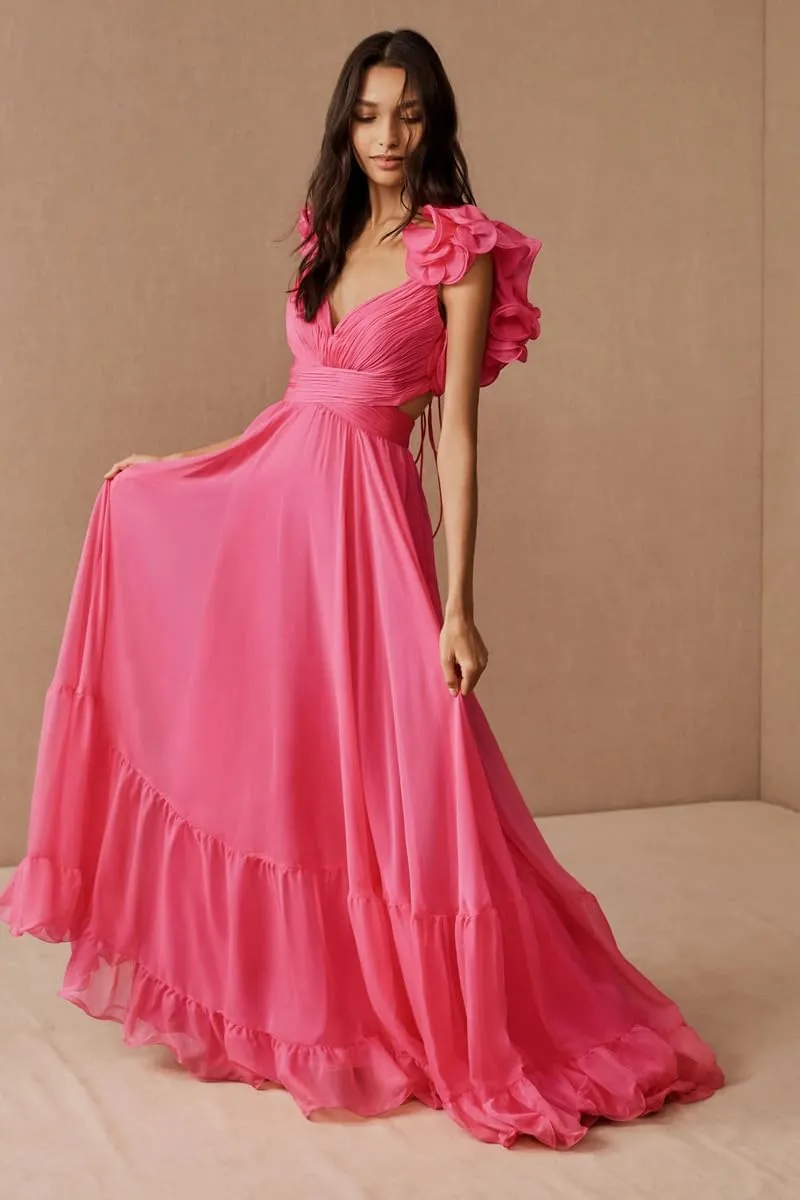 SHSUREVE Chiffon Ruffle Prom Dresses Long for Women A Line Bridesmaid Dresses Tiered Backless Formal Evening Gowns