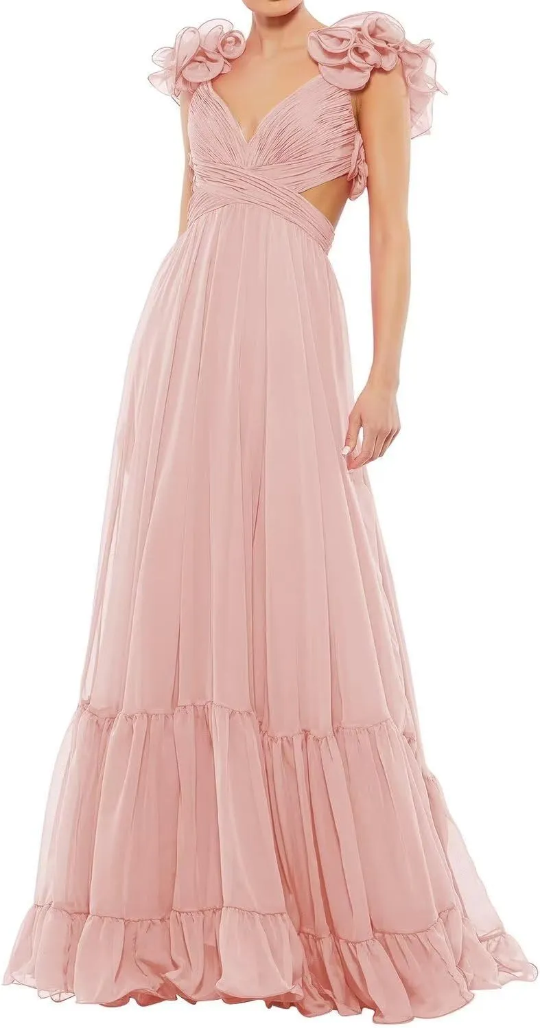 SHSUREVE Chiffon Ruffle Prom Dresses Long for Women A Line Bridesmaid Dresses Tiered Backless Formal Evening Gowns