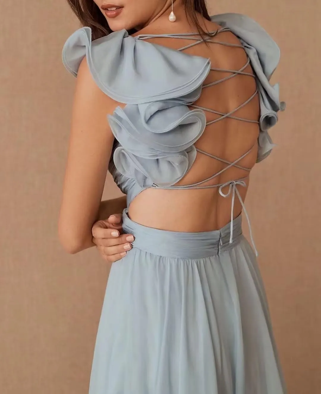 SHSUREVE Chiffon Ruffle Prom Dresses Long for Women A Line Bridesmaid Dresses Tiered Backless Formal Evening Gowns