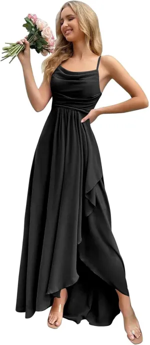 Spaghetti Straps Ruffle Chiffon Bridesmaid Dresses Long with Slit A Line Formal Dress for Women