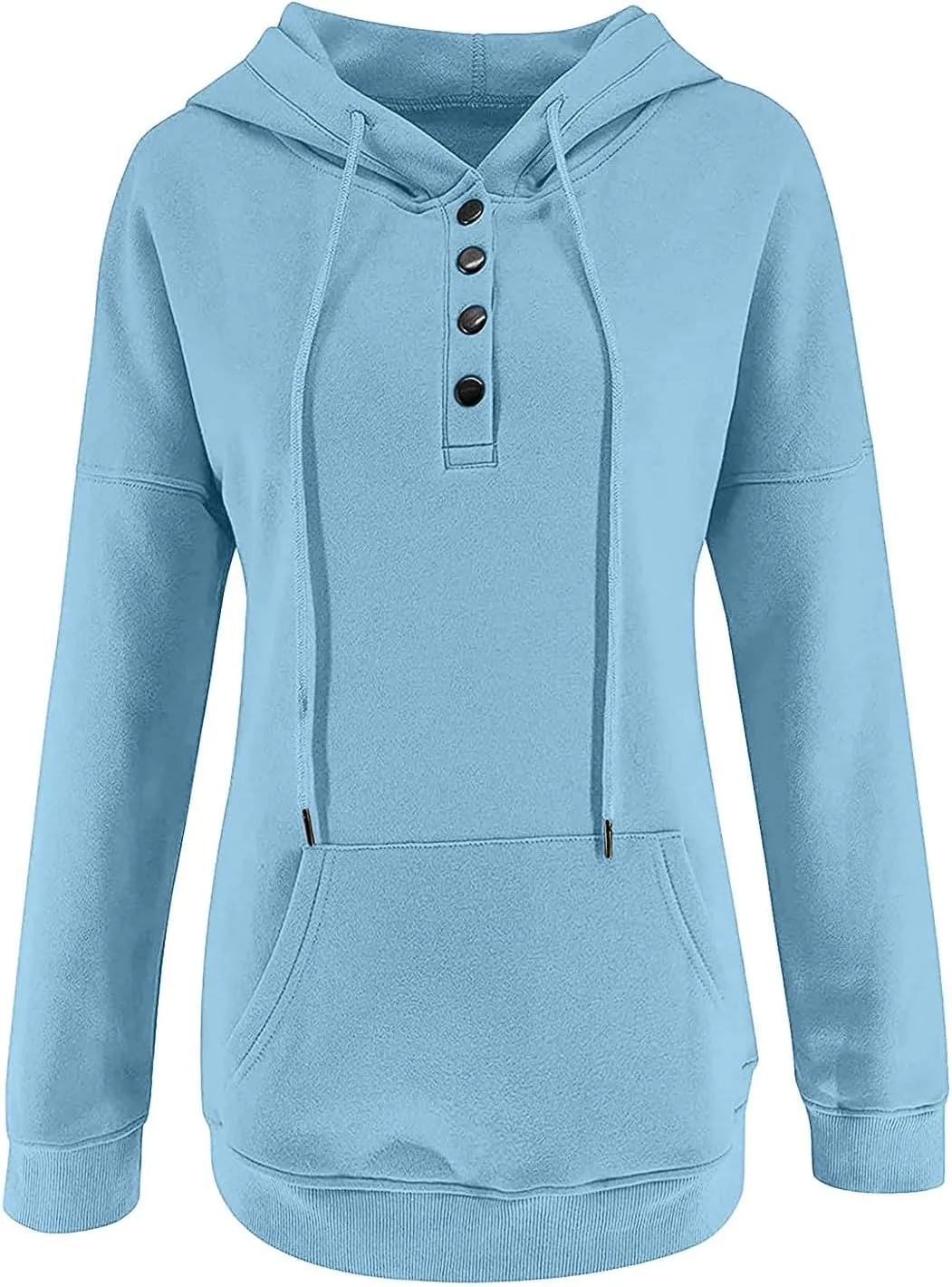 Stessotudo Womens Hoodies Casual Long Sleeve Solid Sweatshirts Buttons Drawstring Athletic Pullover Hooded Tops with Pocket