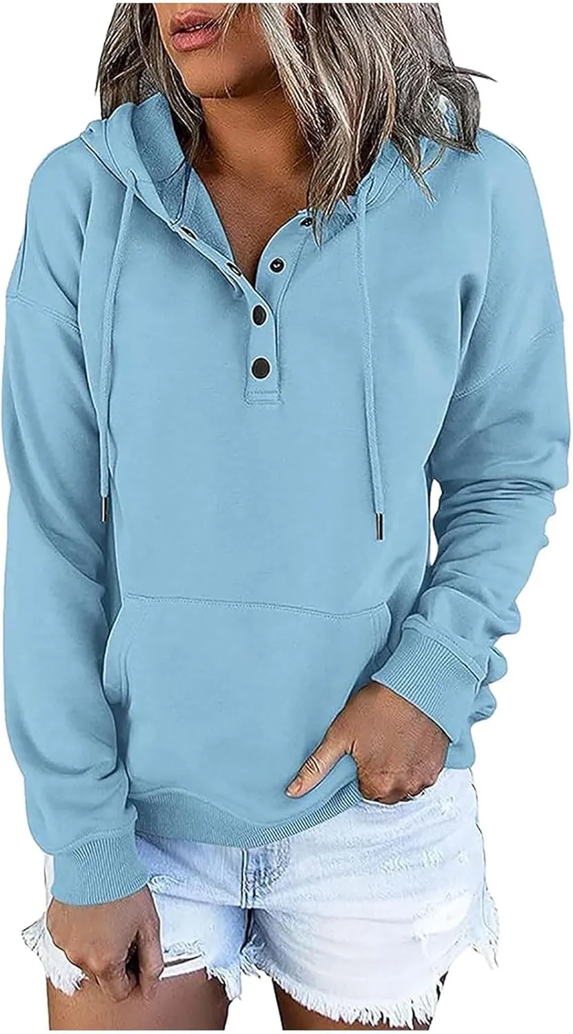 Stessotudo Womens Hoodies Casual Long Sleeve Solid Sweatshirts Buttons Drawstring Athletic Pullover Hooded Tops with Pocket