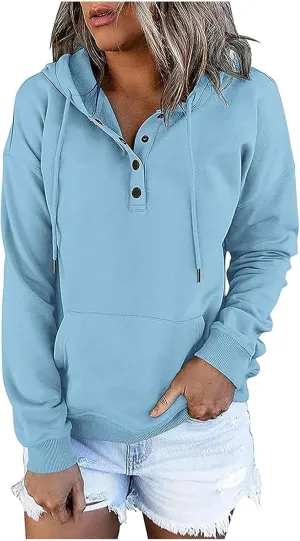 Stessotudo Womens Hoodies Casual Long Sleeve Solid Sweatshirts Buttons Drawstring Athletic Pullover Hooded Tops with Pocket