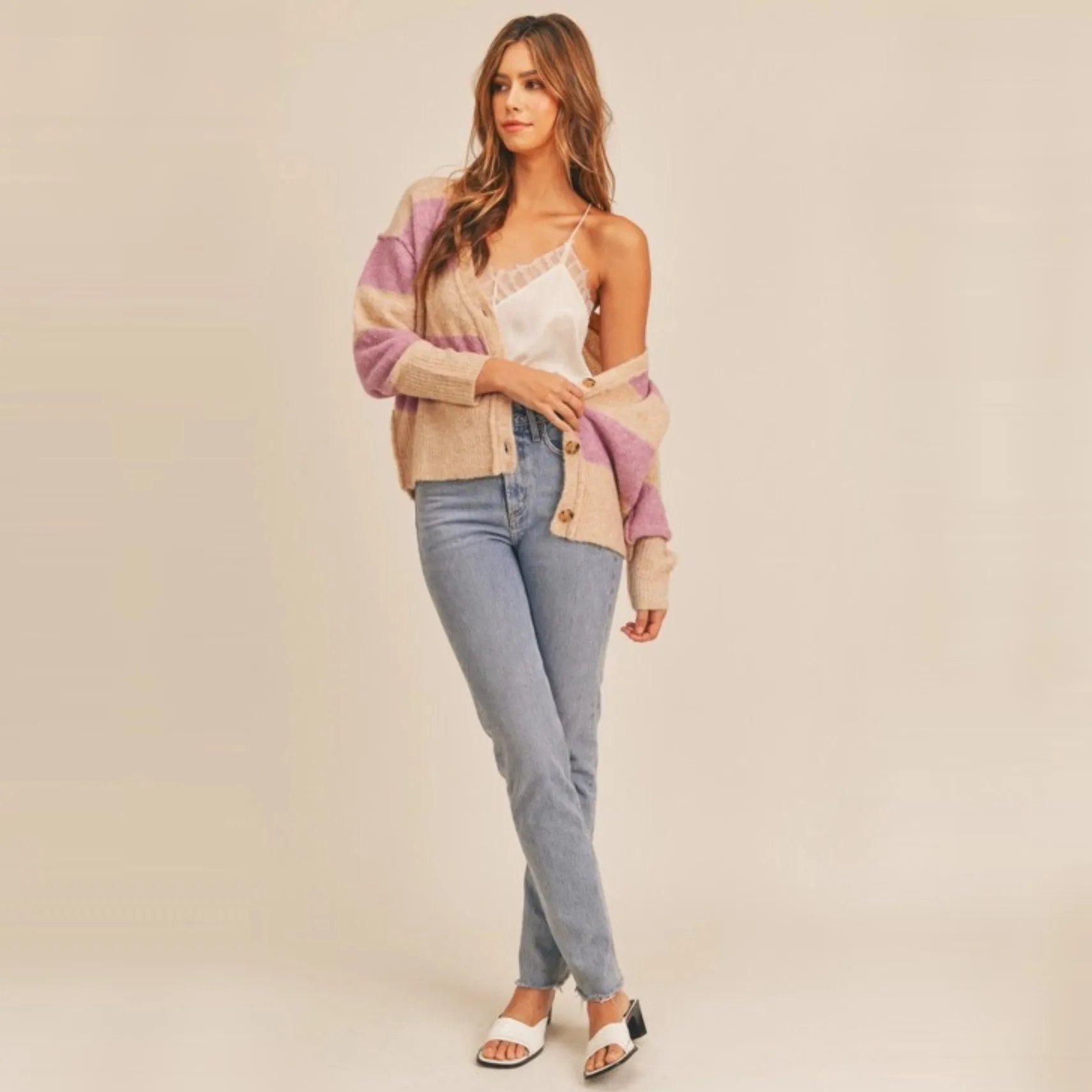 Striped Button Down Cardigan (Beige Lilac)
