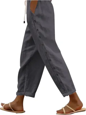 Striped Linen Pants Women Casual Summer Elastic Waist Trendy Slacks Straight Leg Lightweight Trousers with Pockets