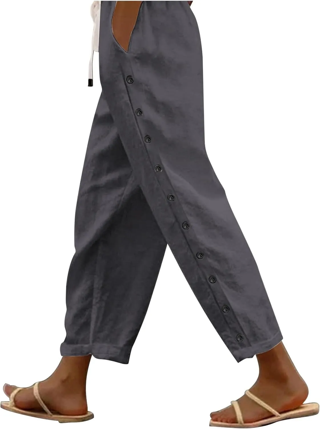 Striped Linen Pants Women Casual Summer Elastic Waist Trendy Slacks Straight Leg Lightweight Trousers with Pockets
