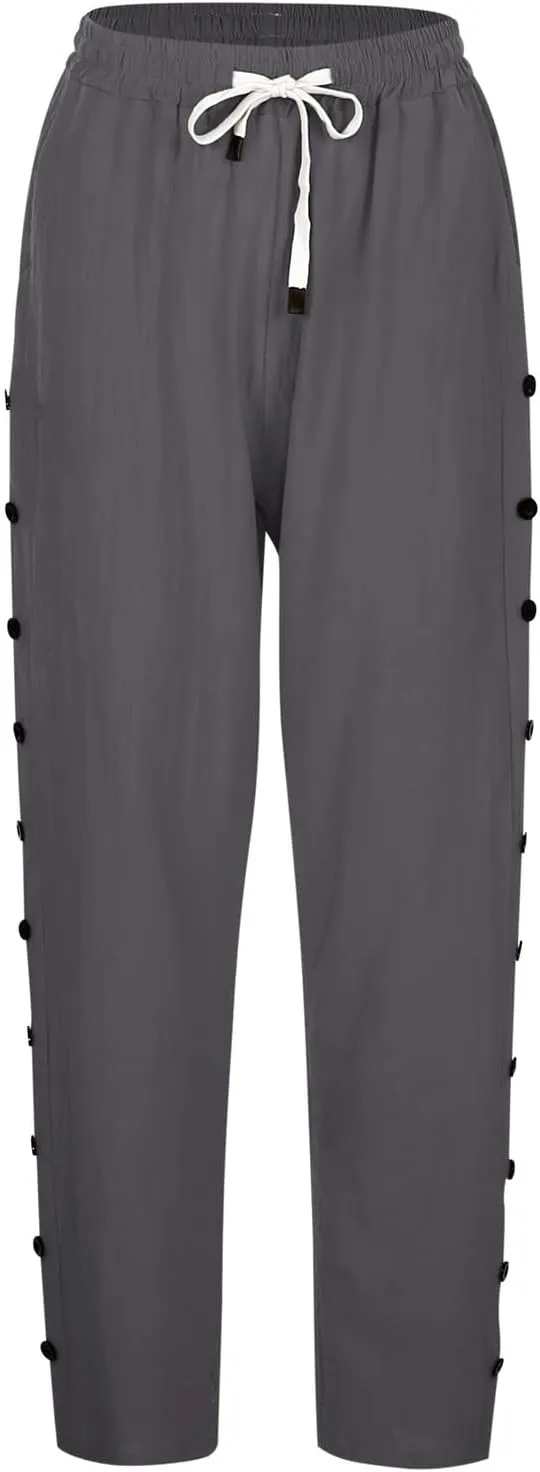 Striped Linen Pants Women Casual Summer Elastic Waist Trendy Slacks Straight Leg Lightweight Trousers with Pockets