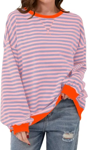 Striped Shirt Women Oversized Sweatshirt Color Block Long Sleeve Crew Neck Sweatshirt Loose Pullover Shirt Top