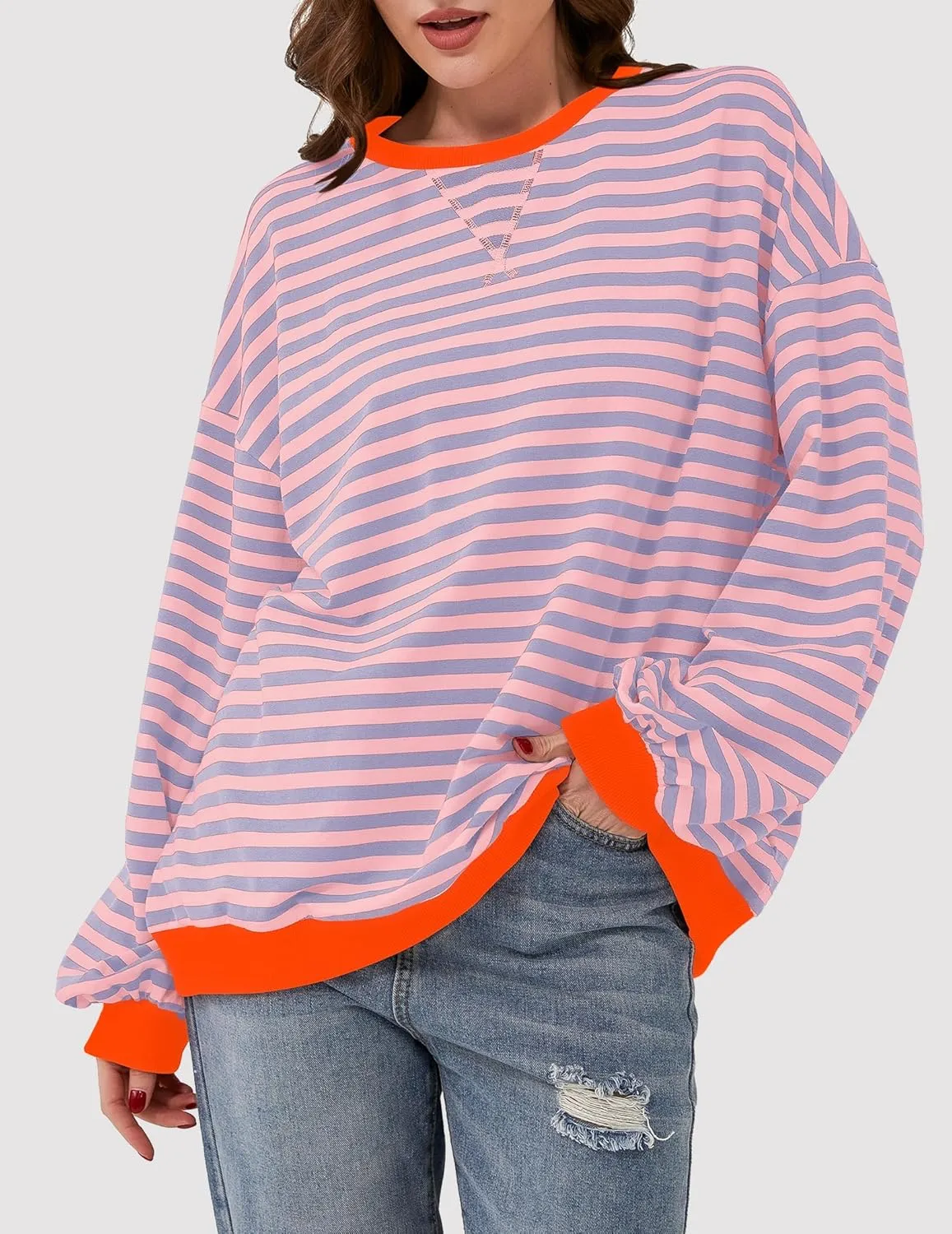 Striped Shirt Women Oversized Sweatshirt Color Block Long Sleeve Crew Neck Sweatshirt Loose Pullover Shirt Top