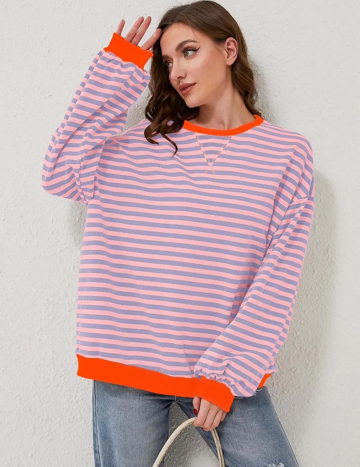 Striped Shirt Women Oversized Sweatshirt Color Block Long Sleeve Crew Neck Sweatshirt Loose Pullover Shirt Top