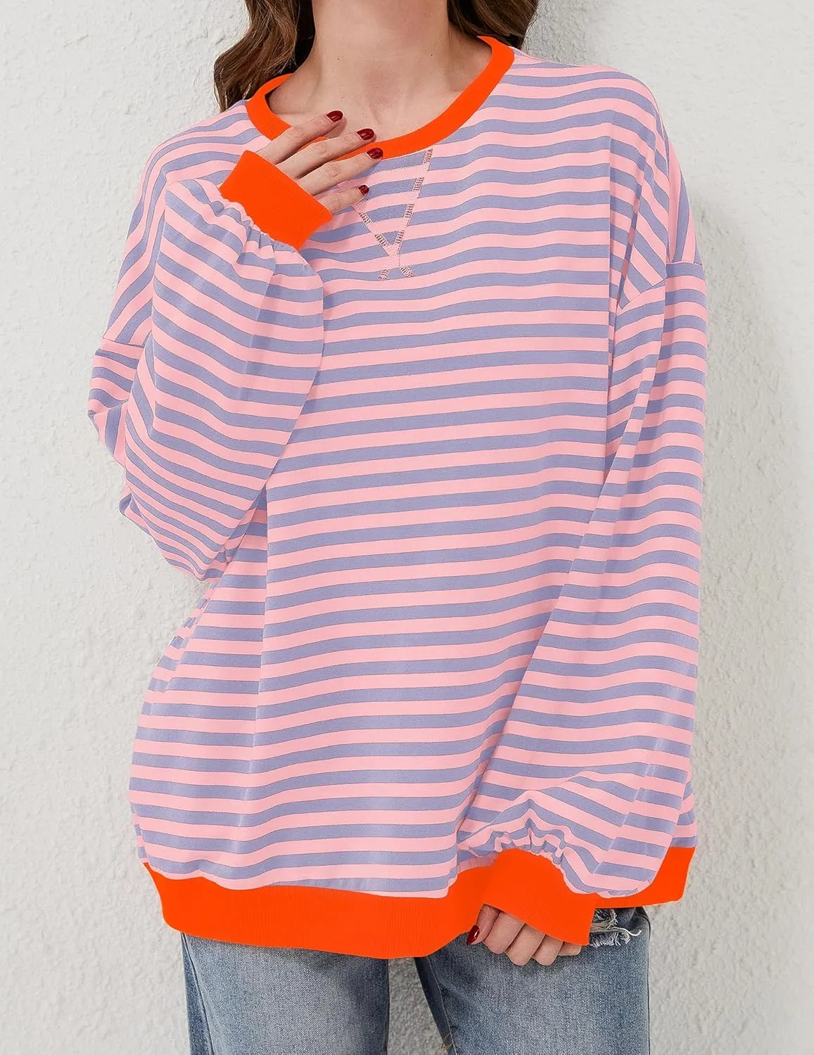 Striped Shirt Women Oversized Sweatshirt Color Block Long Sleeve Crew Neck Sweatshirt Loose Pullover Shirt Top