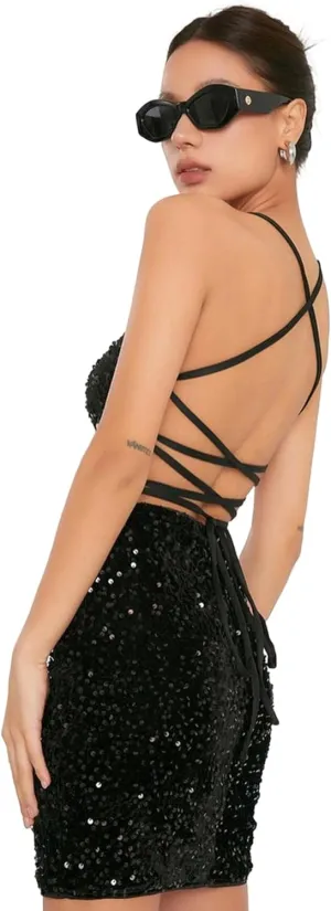 Suillty Women's Sparkly Sequin Backless Lace Up Mini Dress Shiny Spaghetti Straps Halter Bodycon Party Club Evening Dresses