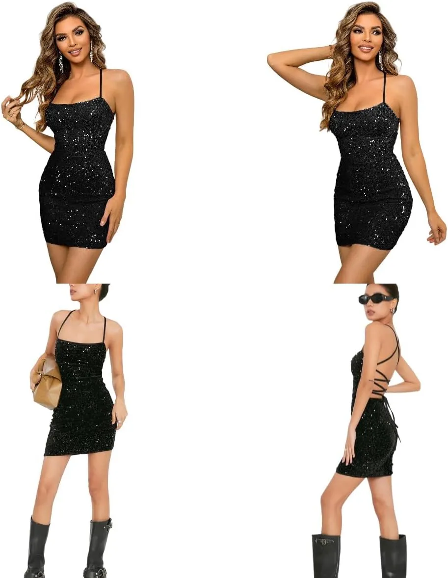 Suillty Women's Sparkly Sequin Backless Lace Up Mini Dress Shiny Spaghetti Straps Halter Bodycon Party Club Evening Dresses