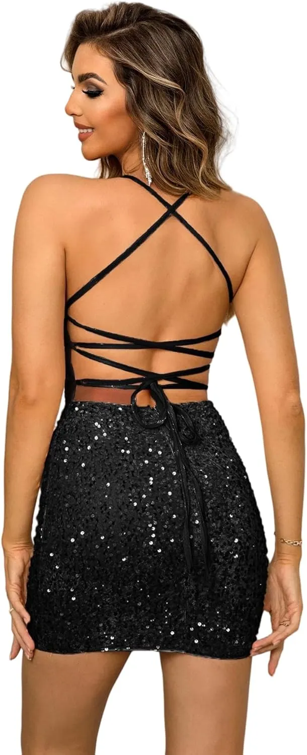 Suillty Women's Sparkly Sequin Backless Lace Up Mini Dress Shiny Spaghetti Straps Halter Bodycon Party Club Evening Dresses