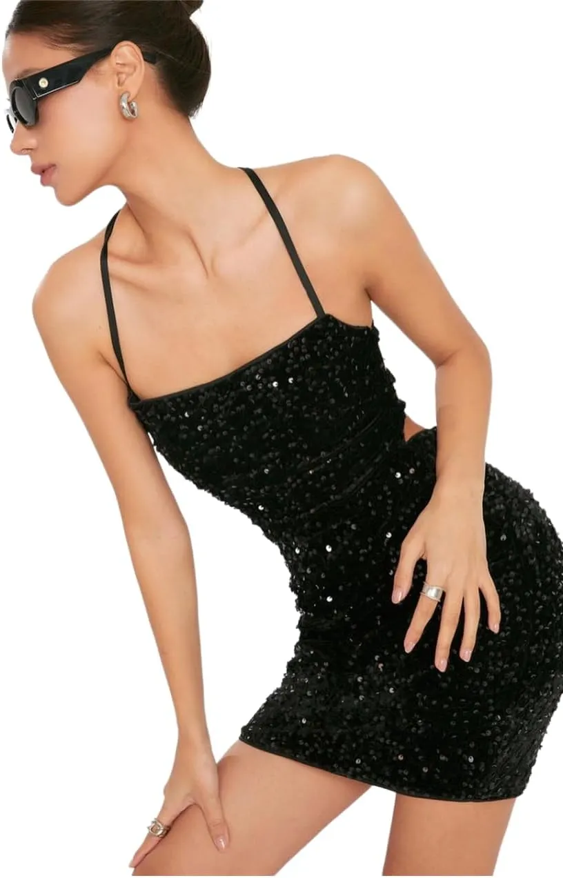 Suillty Women's Sparkly Sequin Backless Lace Up Mini Dress Shiny Spaghetti Straps Halter Bodycon Party Club Evening Dresses