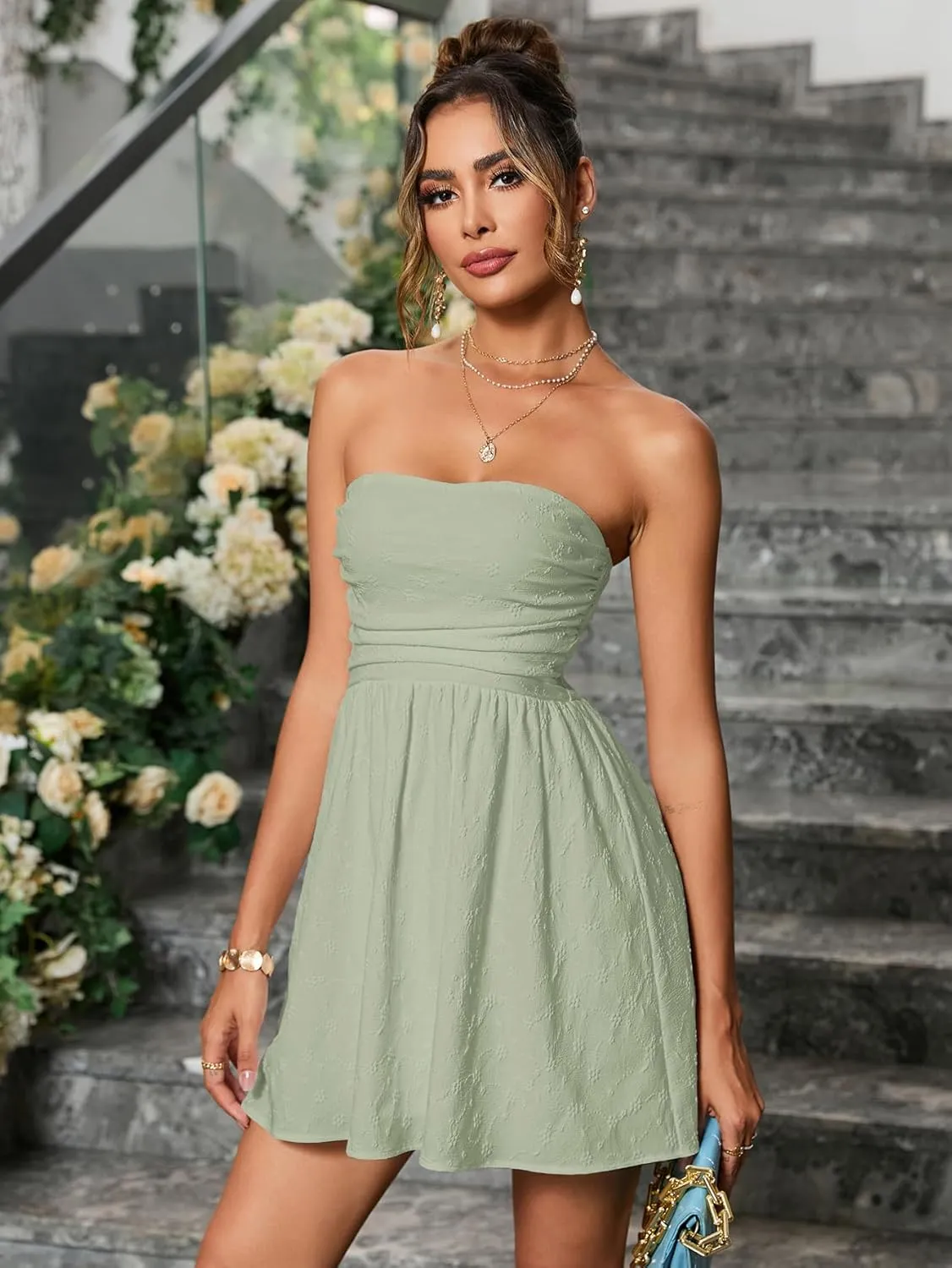 Summer Strapless Mini Dress Sleeveless Smocked Flowy A Line Beach Tube Top Dresses for Women 2025