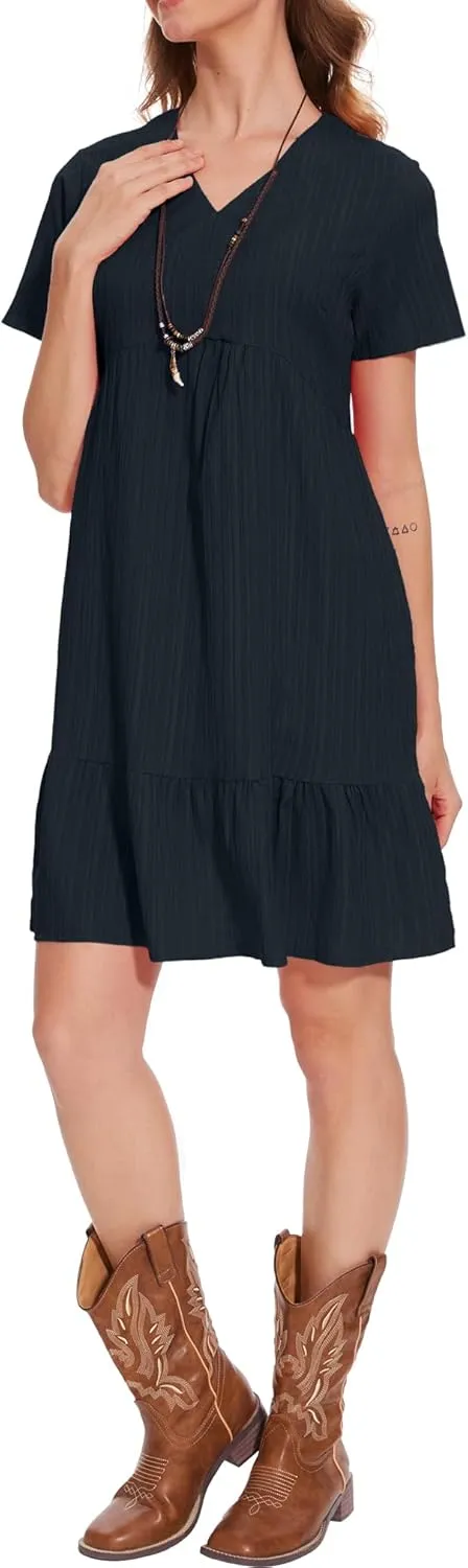 Summer V Neck Dress for Women 2024 Casual Short Sleeve Swing Midi Sundress Tiered A-Line Flowy Tunic Beach Dresses