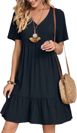 Summer V Neck Dress for Women 2024 Casual Short Sleeve Swing Midi Sundress Tiered A-Line Flowy Tunic Beach Dresses
