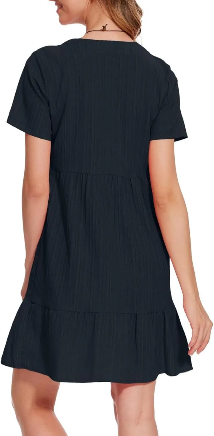 Summer V Neck Dress for Women 2024 Casual Short Sleeve Swing Midi Sundress Tiered A-Line Flowy Tunic Beach Dresses