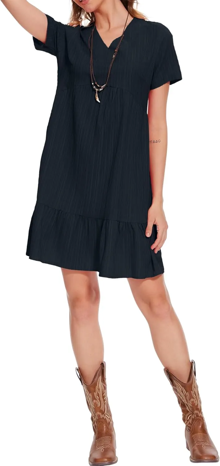 Summer V Neck Dress for Women 2024 Casual Short Sleeve Swing Midi Sundress Tiered A-Line Flowy Tunic Beach Dresses