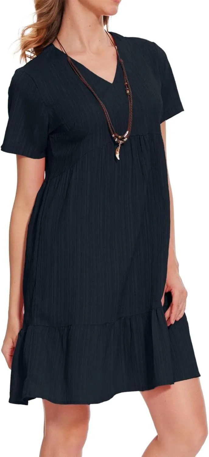 Summer V Neck Dress for Women 2024 Casual Short Sleeve Swing Midi Sundress Tiered A-Line Flowy Tunic Beach Dresses