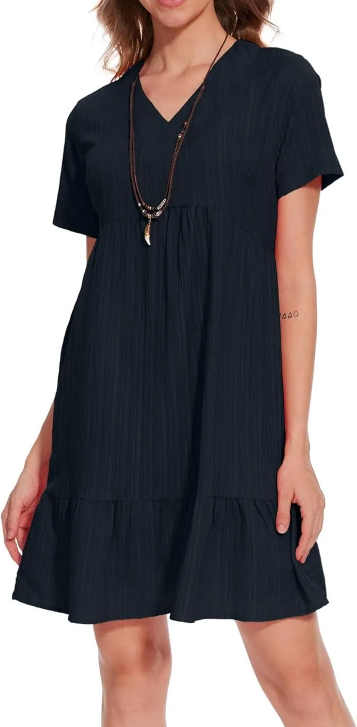 Summer V Neck Dress for Women 2024 Casual Short Sleeve Swing Midi Sundress Tiered A-Line Flowy Tunic Beach Dresses