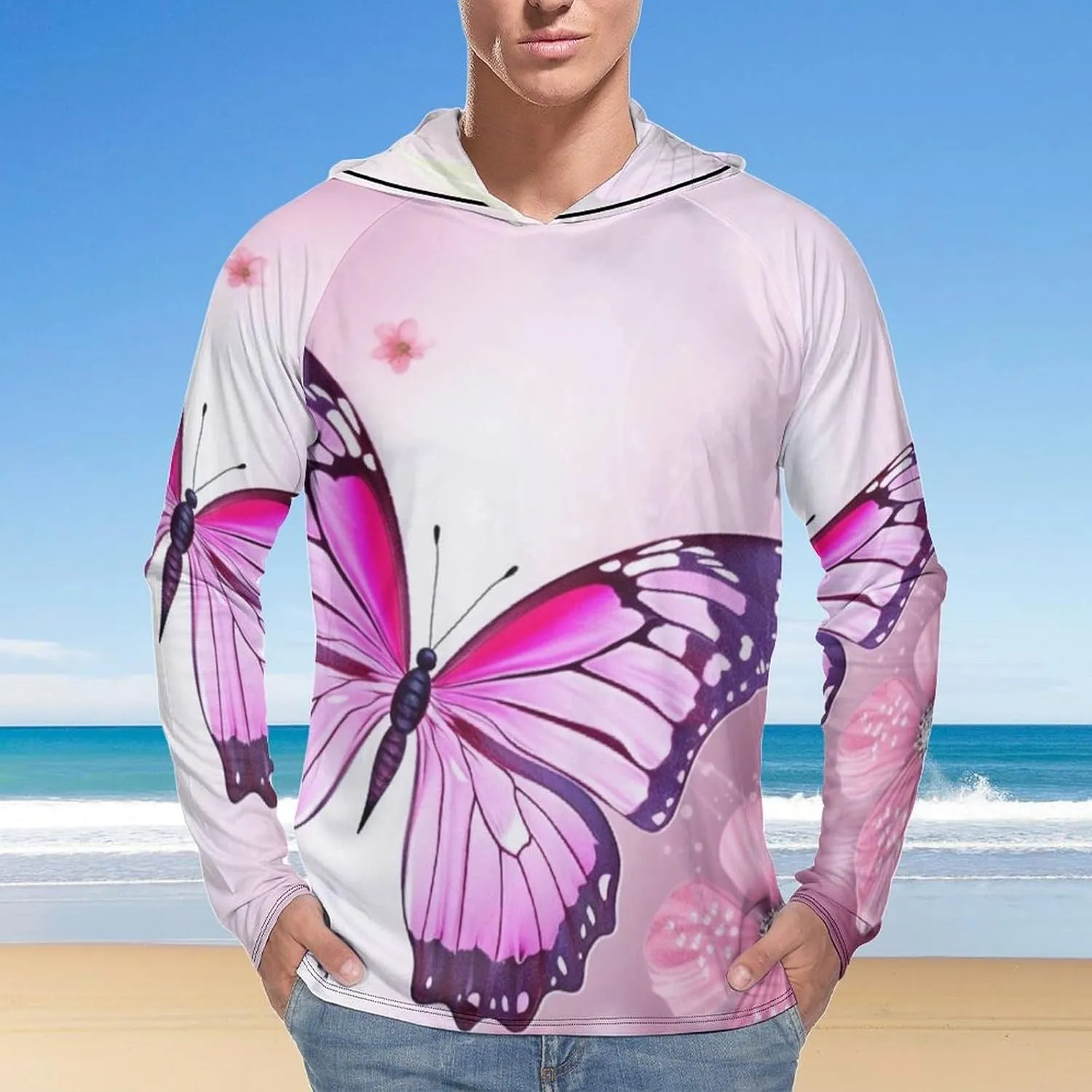 Sun Protection Shirt Long Sleeve Hoodie Butterfly Lightweight Rash Guard Quick Dry Sun Shirt for Outdoor
