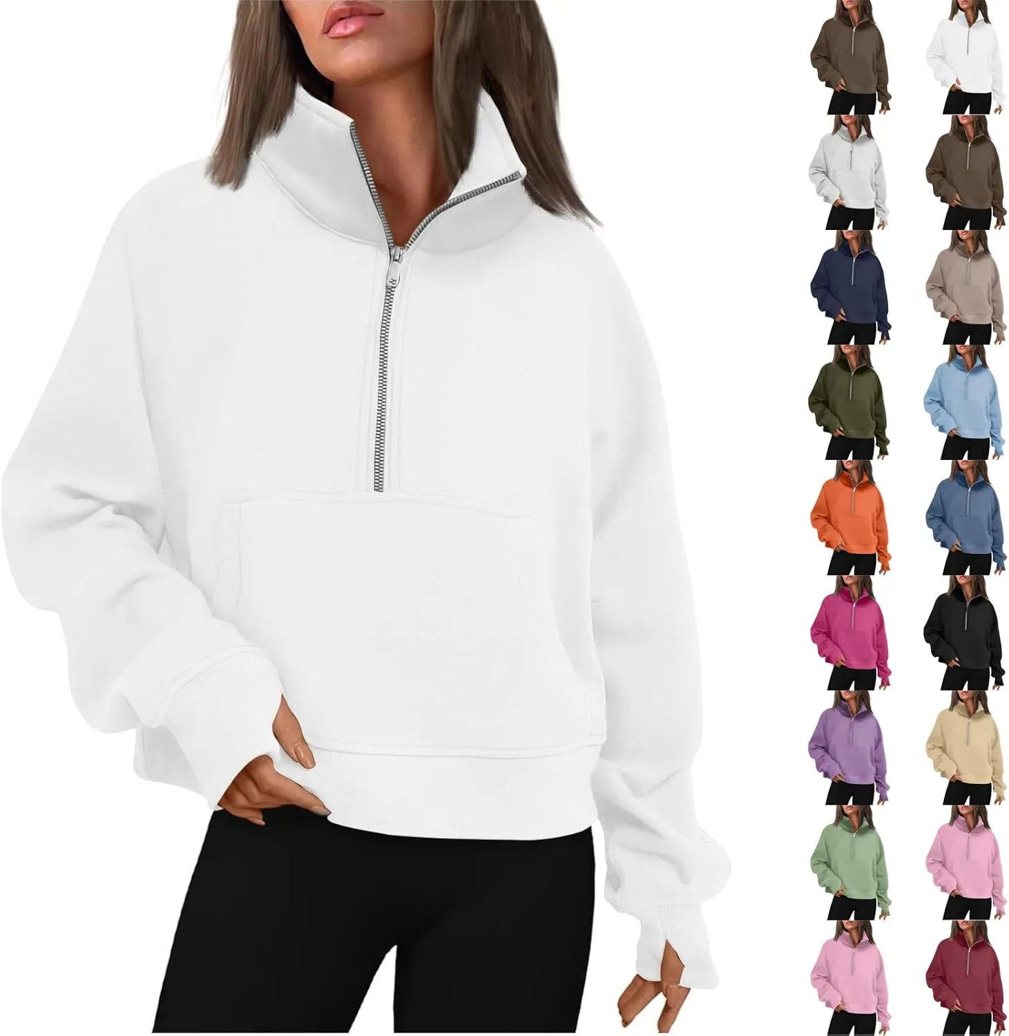 Sweatshirt for Women Half Zip Cropped Pullover Fleece Quarter Zipper Hoodies Fall Outfits Clothes Thumb Hole