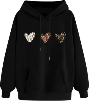 Sweatshirts for Women Casual Long Sleeve Heart Graphic Hoodies Cute Drawstring Oversized Pullover Tops with Pocket