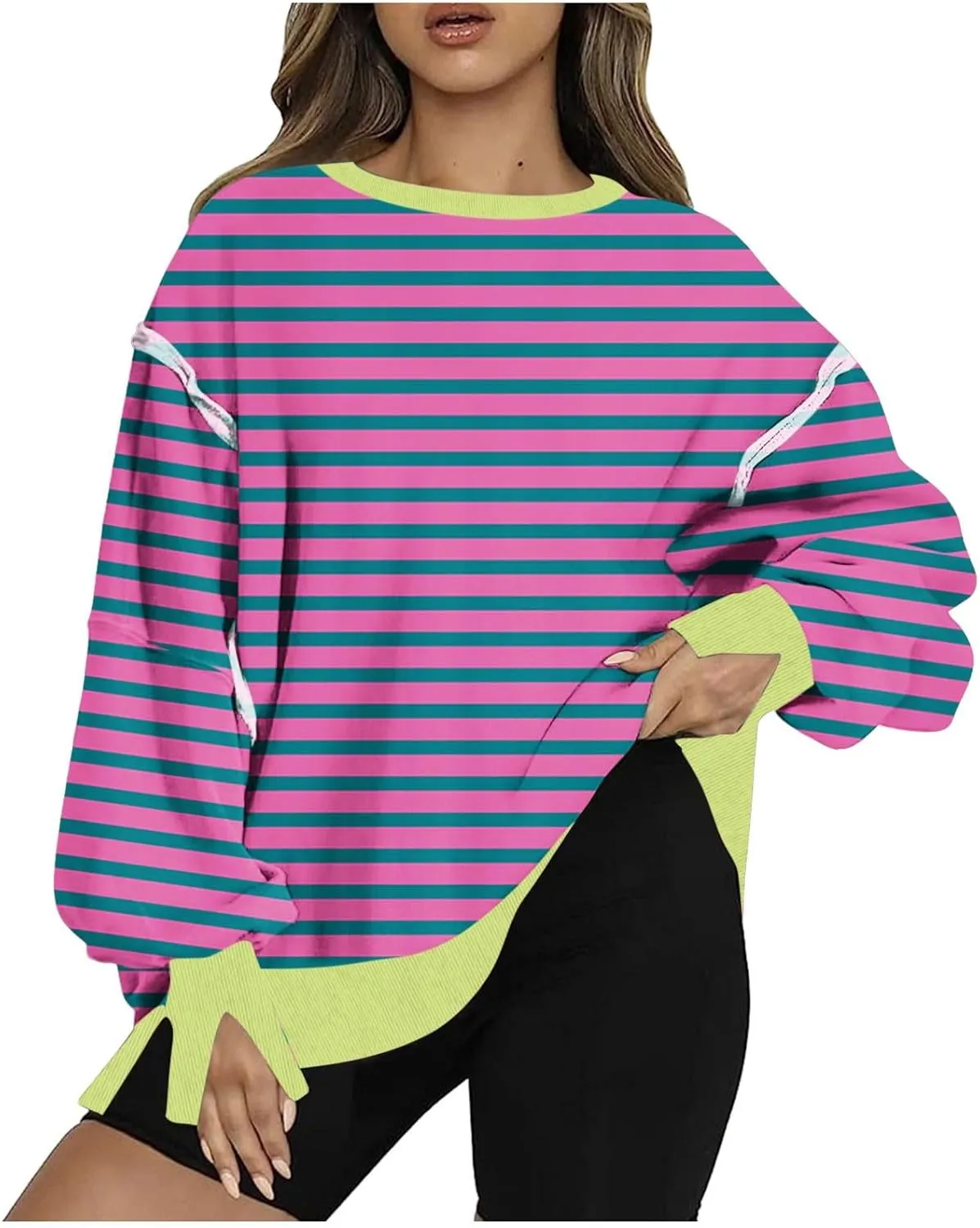 Sweatshirts for Women Striped Oversized Hoodies Long Sleeve Crewneck Fall Outfits Fashion Pullover Tops