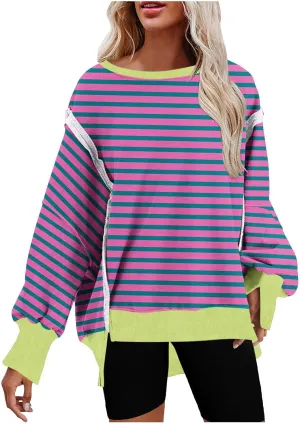 Sweatshirts for Women Striped Oversized Hoodies Long Sleeve Crewneck Fall Outfits Fashion Pullover Tops