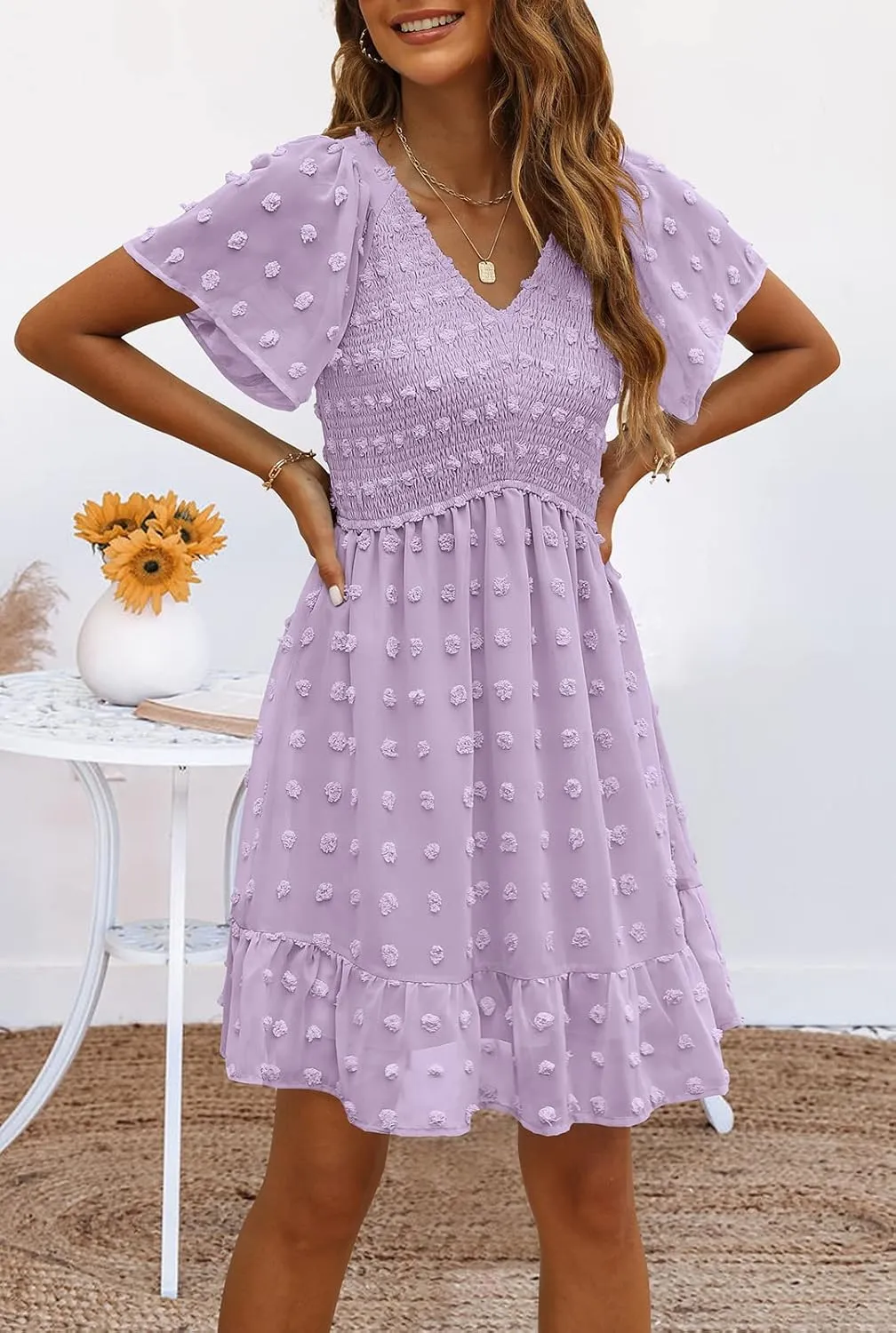 TECREW Womens Smocked Short Sleeve V Neck Mini Dress Summer Swiss Dot Flowy Short Dress