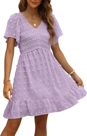 TECREW Womens Smocked Short Sleeve V Neck Mini Dress Summer Swiss Dot Flowy Short Dress