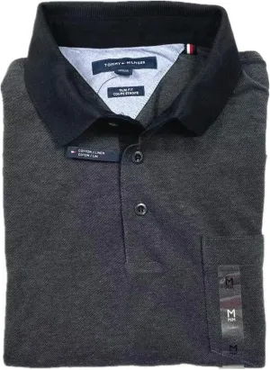 Tommy Hilfiger Men's Slim Fit Linen-Cotton Pocket Mesh Polo Shirt (Black/Iron (Slim Fit), XS)
