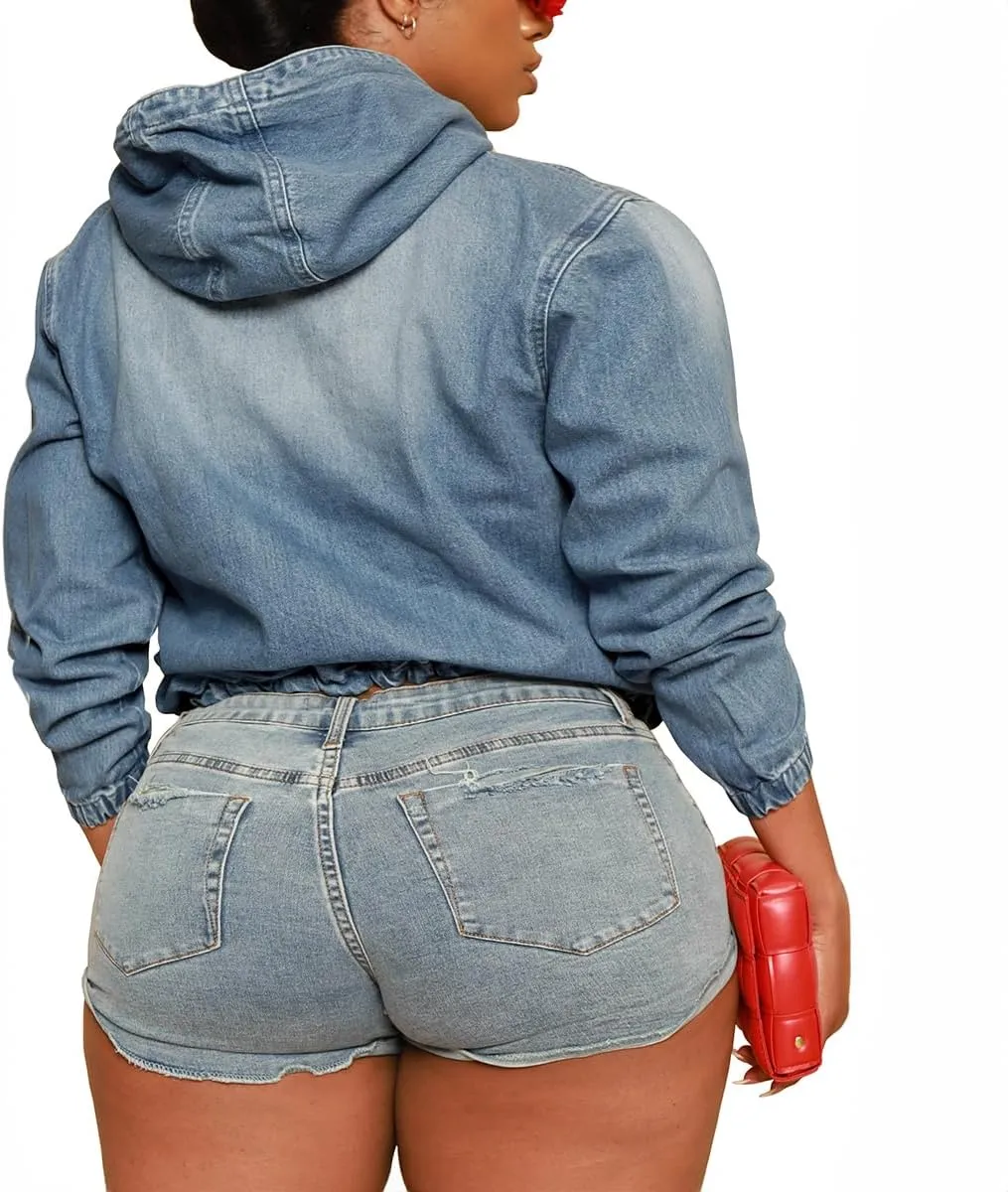 TOPSRANI Womens Plus Size Half Zip Up Denim Hoodie Casual Jean Sweatshirt Pullover Long Sleeve Jacket Tops with Pockets