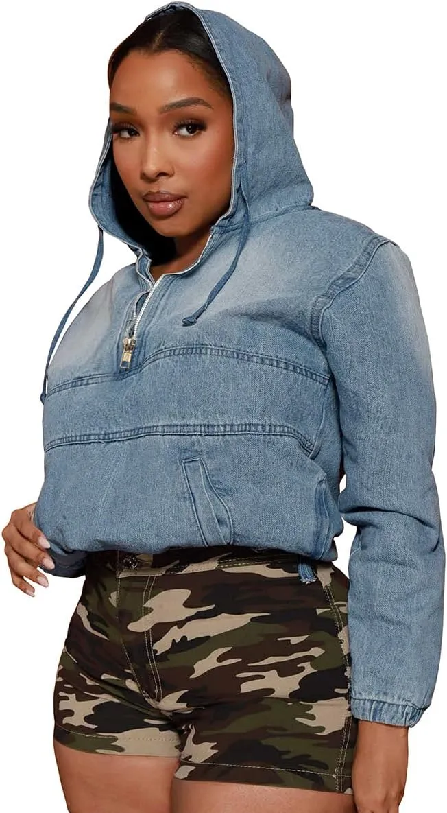 TOPSRANI Womens Plus Size Half Zip Up Denim Hoodie Casual Jean Sweatshirt Pullover Long Sleeve Jacket Tops with Pockets