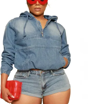 TOPSRANI Womens Plus Size Half Zip Up Denim Hoodie Casual Jean Sweatshirt Pullover Long Sleeve Jacket Tops with Pockets