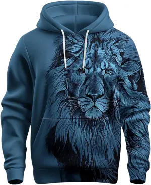 Trendy Workout Hoodies for Men 3D Lion Graphic Drawstring Long Sleeve Hooded Pullover Gym Athletic Casual Sweatshirts