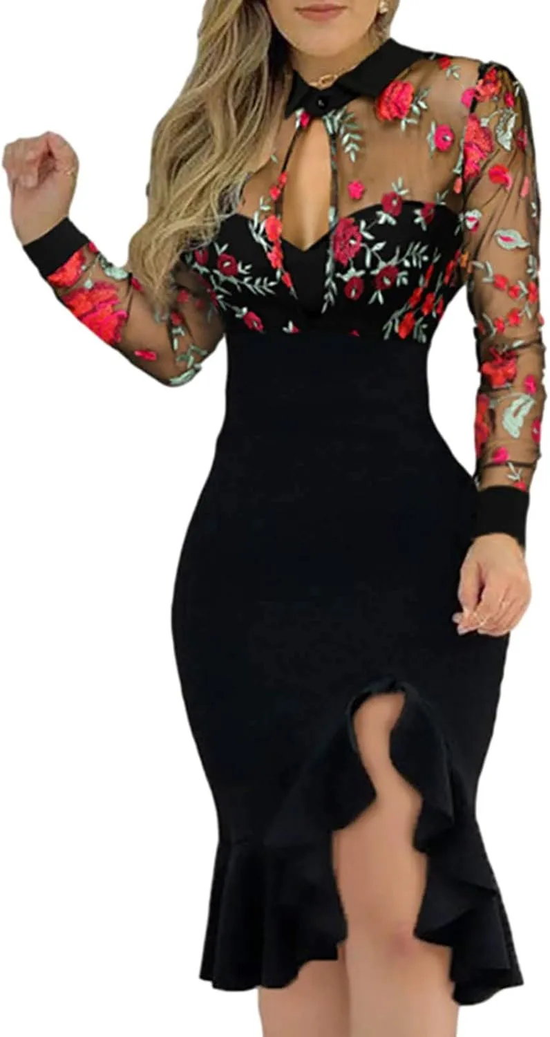 tuduoms Cocktail Dresses Women's Lace Floral Embroidered Long Sleeve Bodycon Elegant Short Dress Lapel Ruffle Sexy Mini Dress